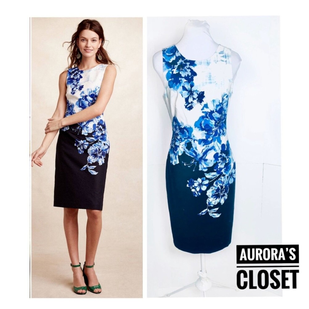 Maeve 6 Blue Floral Pencil Dress VANDA White Sleeveless Sheath High Neck $168